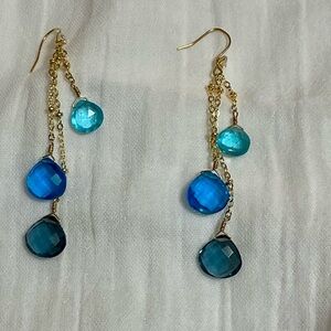 La Meno Triple Dangle Gold Drop Earrings with Blue Quartz Stones 14k Gold Filled